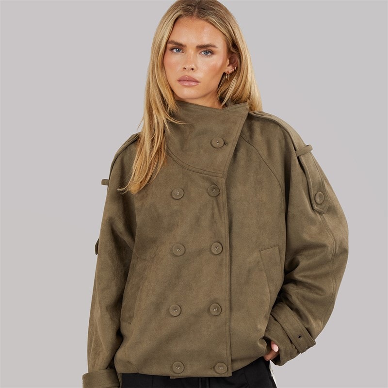 Brave Soul Womens Skia Faux Suede Jacket Khaki