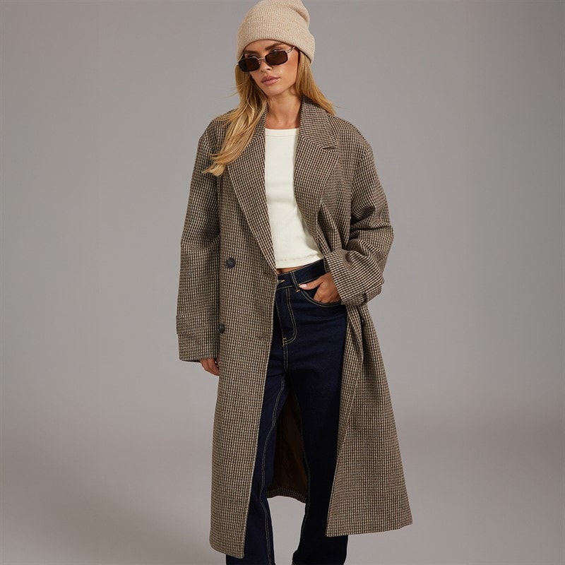 Brave Soul Womens Orli Faux Wool Coat Checked Brown
