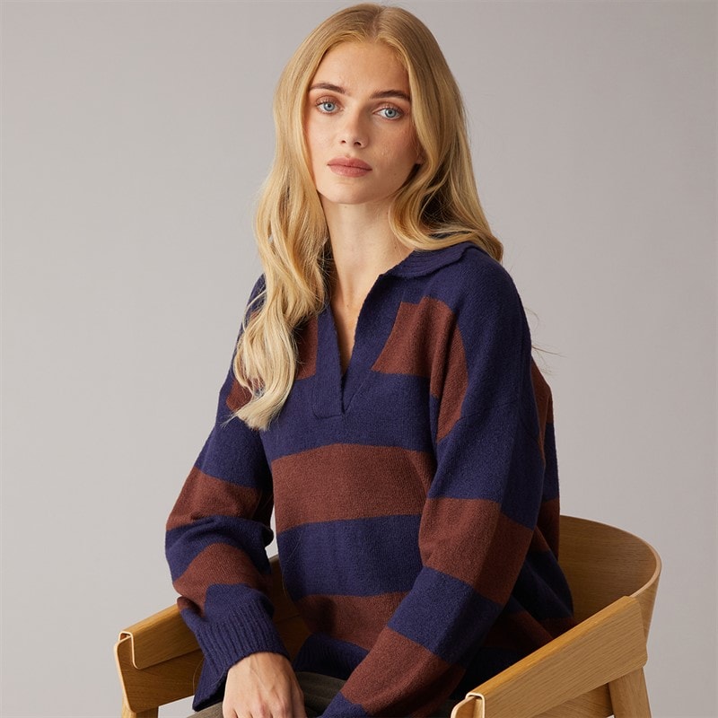 Brave Soul Womens Ditto Trophy Neck Jumper Navy/Brown Stripe