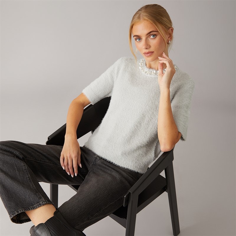 Brave Soul Womens Crystal Fluffy Knit T-Shirt Light Grey