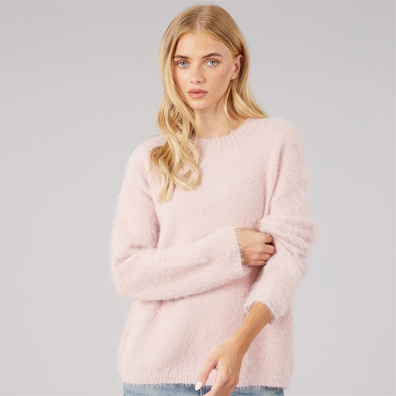 Brave Soul Womens Gardena Fluffy Crew Neck Jumper Pink