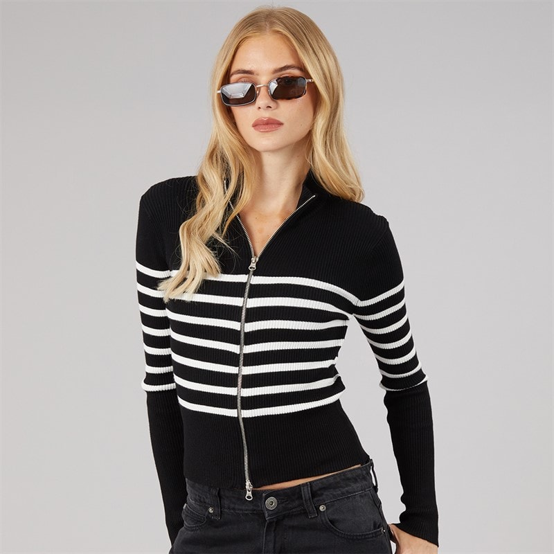 Brave Soul Womens Zip Through Stripe Cardigan Black/White