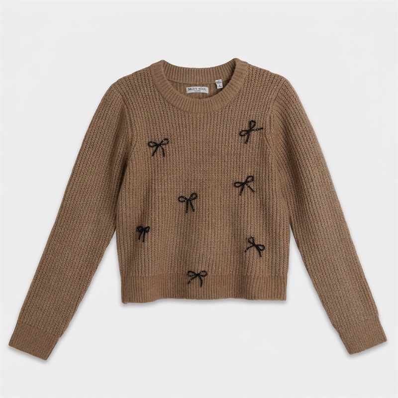 Brave Soul Womens Pretty Fisherman Crew Neck Jumper Mink/Black Bows