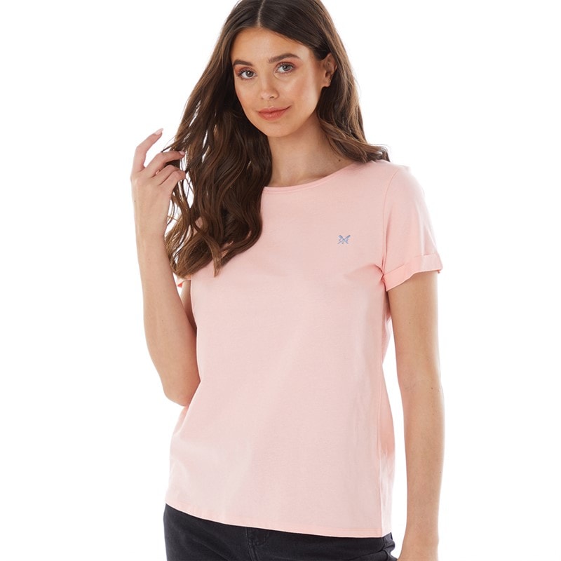 Crew Clothing Womens Roll Sleeve Round Neck T-Shirt Coral Blush