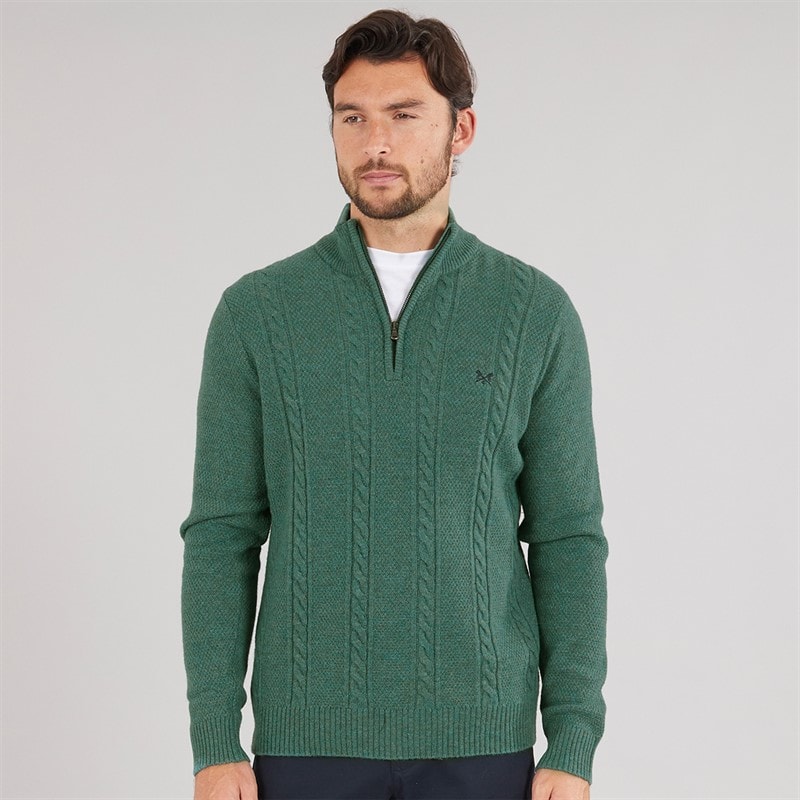 Crew Clothing Mens Lambswool Rich 1/2 Zip Cable Knit Jumper Sea Pine Marl