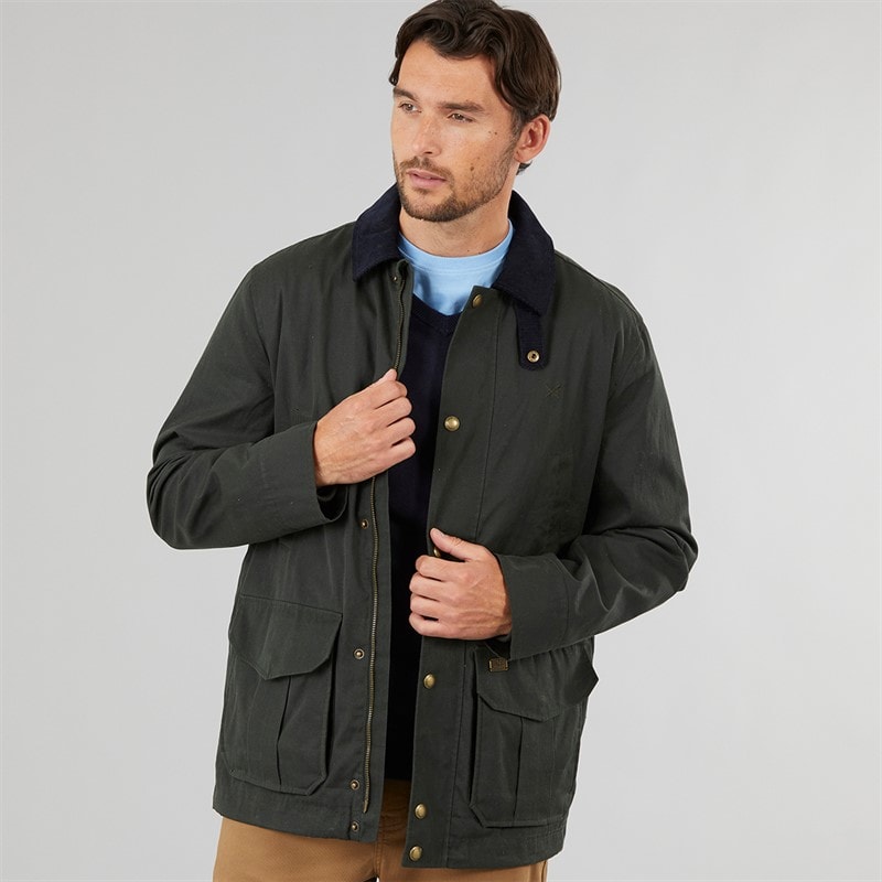 Crew Clothing Mens Wax Jacket With Corduroy Collar Deep Forest