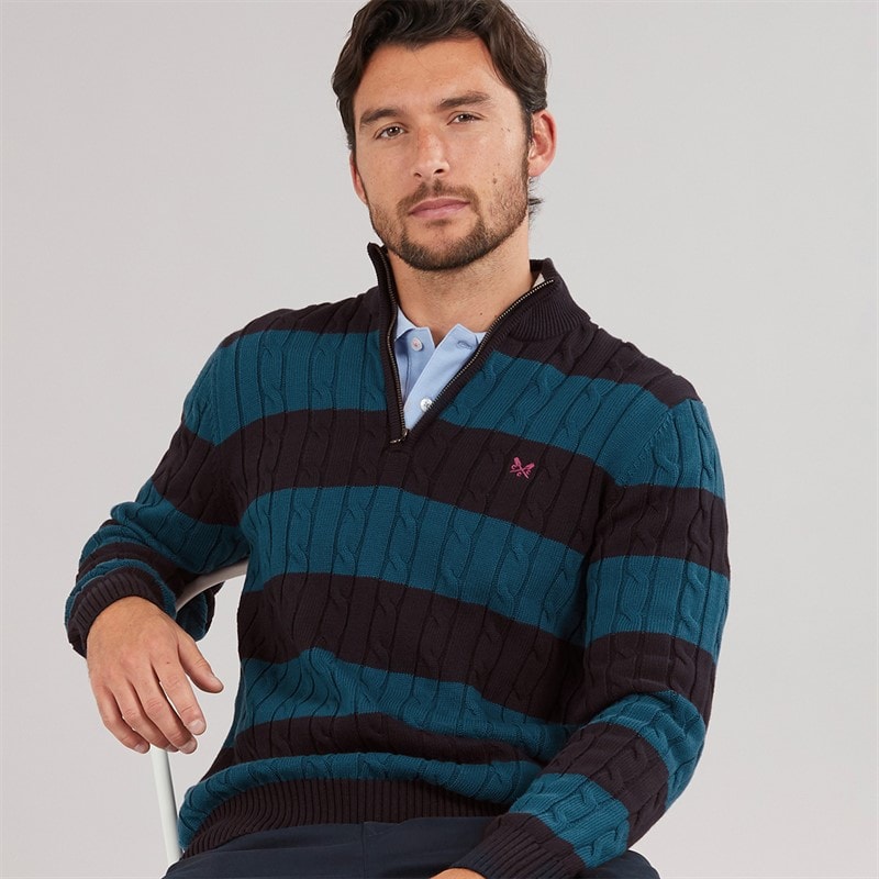 Crew Clothing Mens Stripe Oarsman Half Zip Jumper Heritage Navy/Moroccan Blue