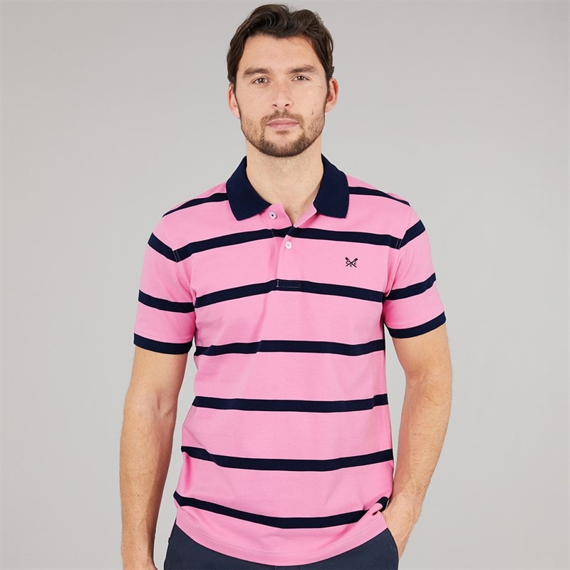 Crew Clothing Mens Stripe Polo Shirt Fuchsia Pink/Navy