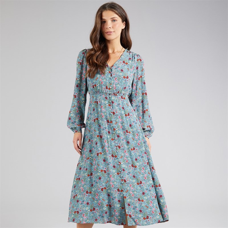 Crew Clothing Womens Long Sleeve Tie Back Tea Dress Lois Print Smoke Blue