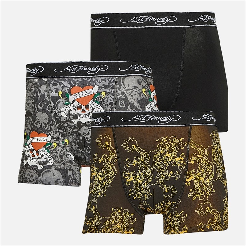 Ed Hardy Mens Andolo Three Pack Boxer Shorts Black AOP/Black/Black AOP