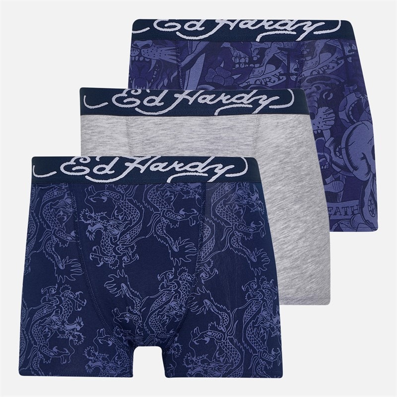 Ed Hardy Mens Lancel Three Pack Boxer Shorts Navy AOP/Grey Navy AOP/Grey Marl/Navy AOP