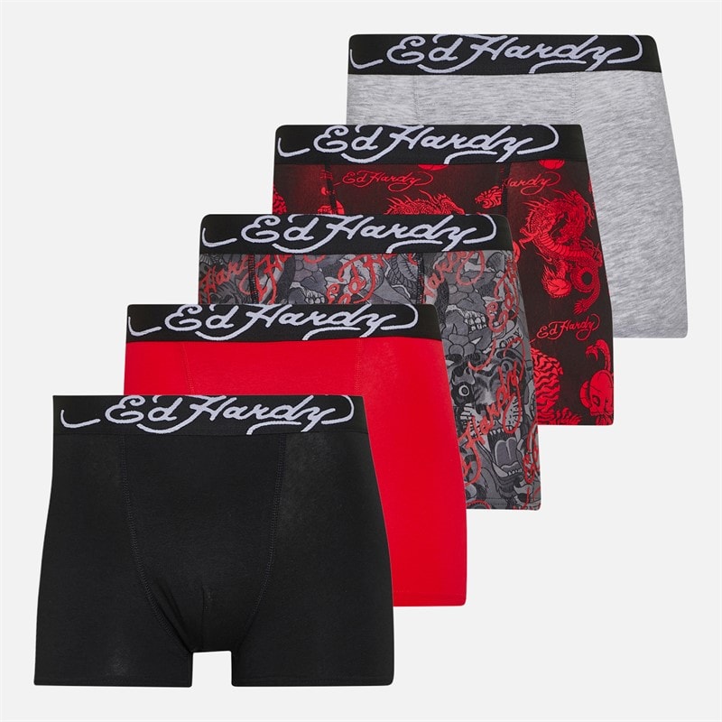 Ed Hardy Mens Athieu Five Pack Boxer Shorts Black AOP/Grey Marl/Black AOP/Black/Red Black AOP/Grey Marl/Black AOP/ Black/Red