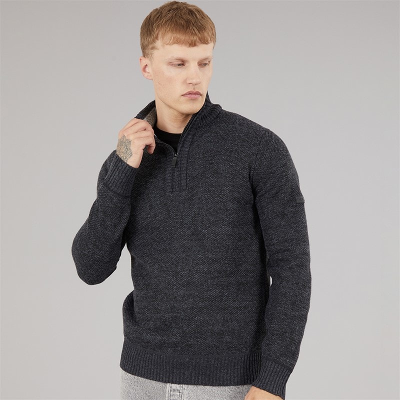 Bench Mens Palacio 1/4 Zip Funnel Neck Jumper Dark Grey Marl