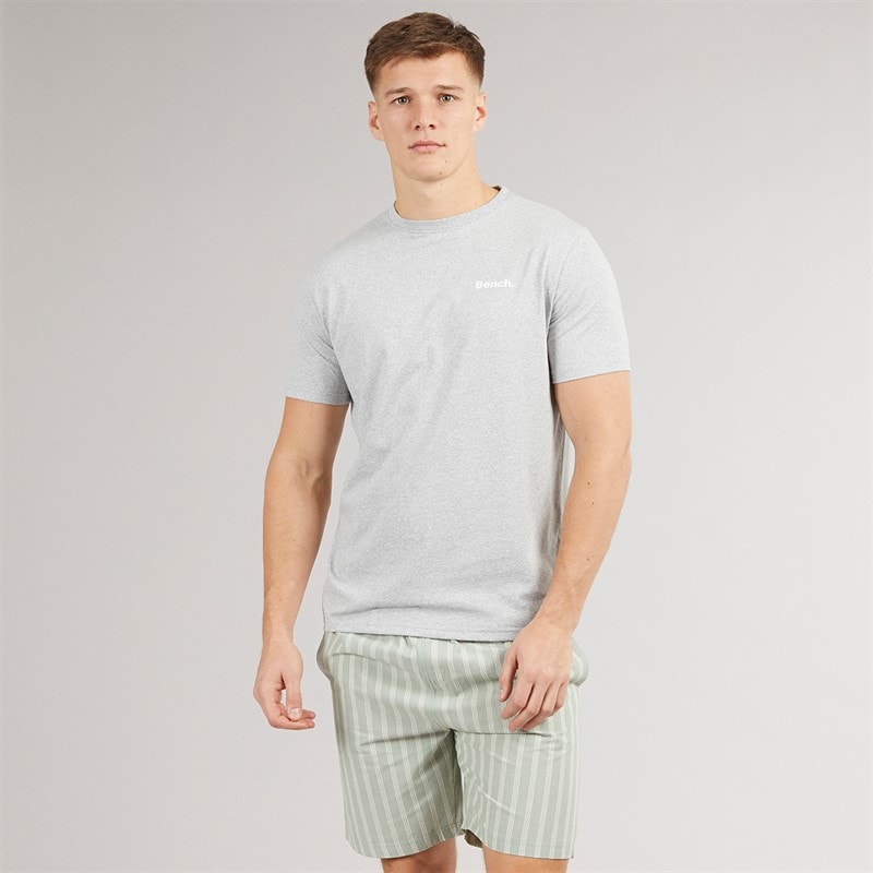 Bench Mens Banning T-Shirt And Poplin Stripe Lounge Shorts Set Grey Marl/Sage Stripe