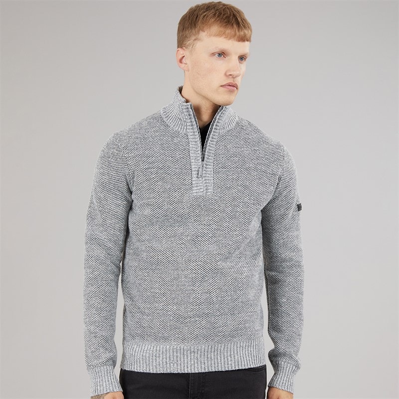 Bench Mens Palacio 1/4 Zip Funnel Neck Jumper Light Grey Marl