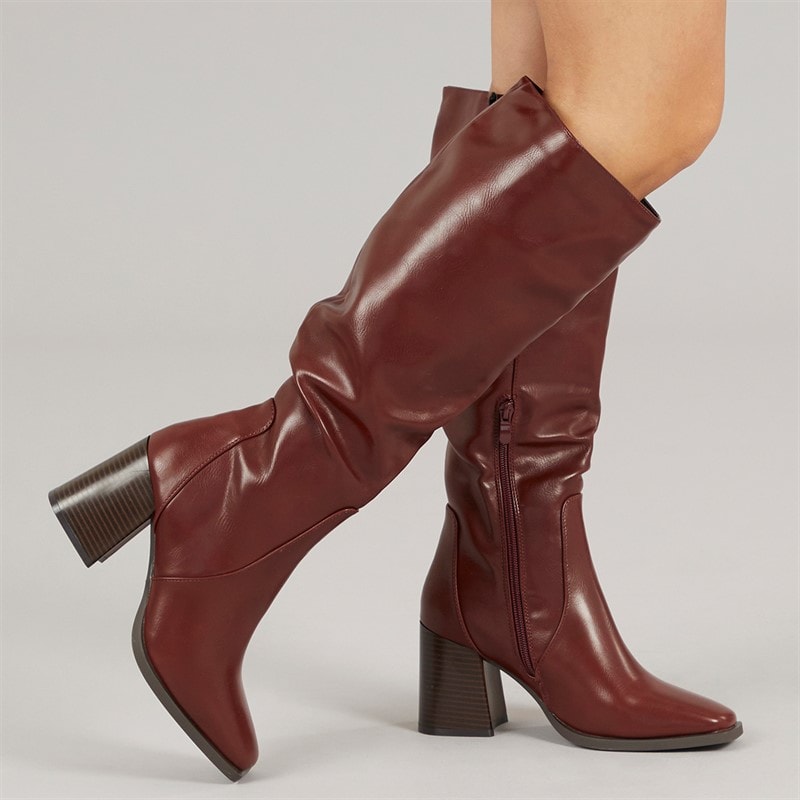 Fluid Womens Aston Square Toe Knee High Boots Burgundy PU