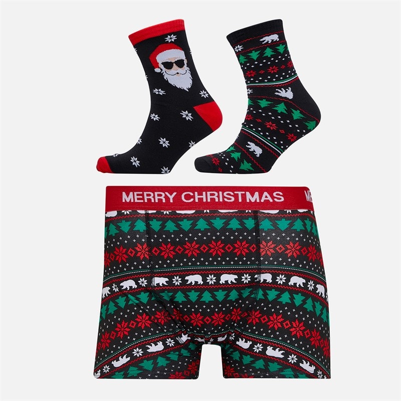 Fluid Mens Festive Boxers And Two Pack Socks Set Black Multi