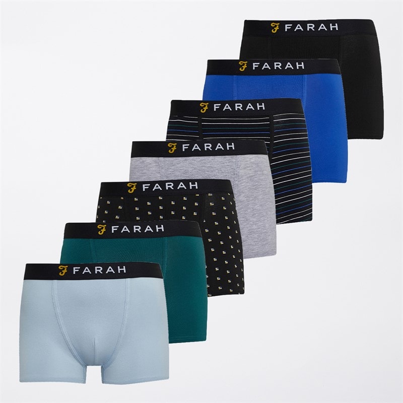 Farah Mens Kishon Seven Pack Boxers Black/Skyway/Black AOP/Grey Marl/Teal/Black Yarn Dyed Stripe/Dazzling Blue