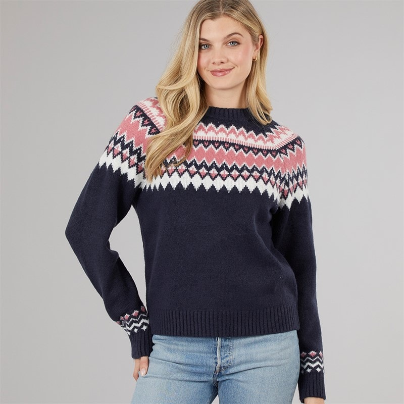 Board Angels Womens Fairisle Crew Neck Sweater Navy/Pink