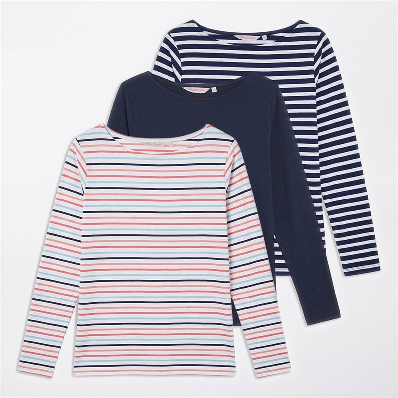 Board Angels Womens Stripe/Plain Three Pack Long Sleeved T-Shirts Navy/Pink