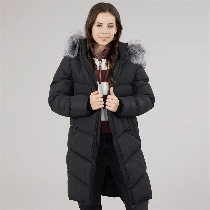 Board Angels Girls Long Puffer Coat With Faux Fur Hood Black