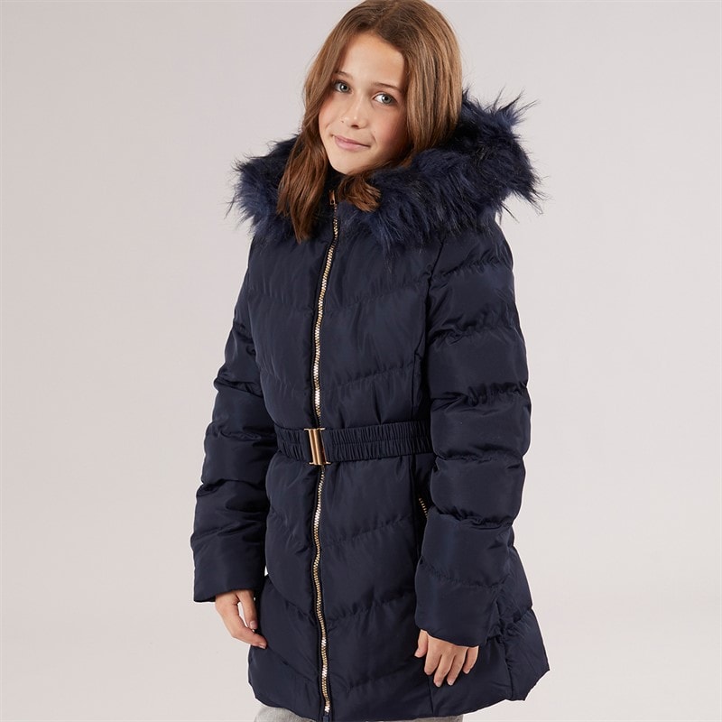 Board Angels Girls Belted Jacket With Faux Fur Hood Navy