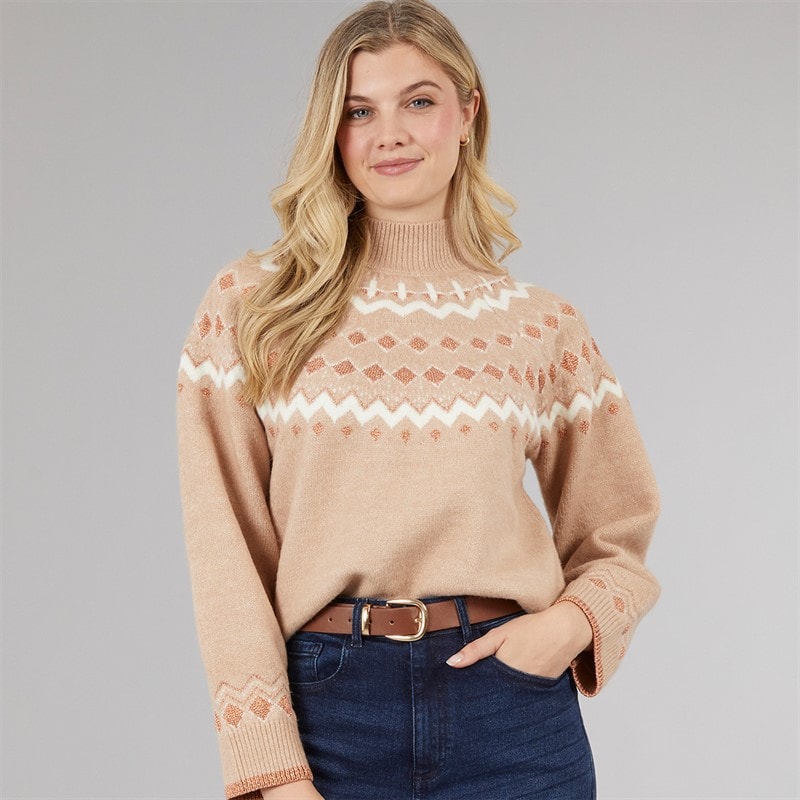 Board Angels Womens High Neck Fairisle Sweater Blush Pink