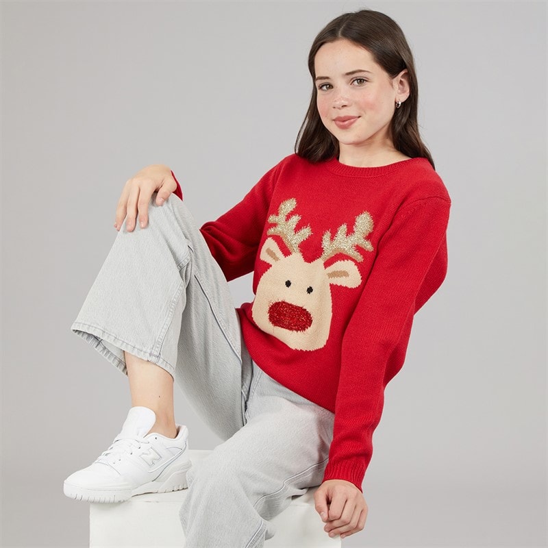 Board Angels Girls Rudolf Christmas Jumper Red