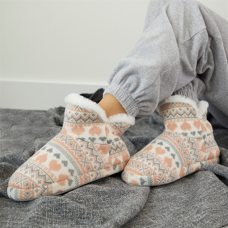 Board Angels Womens Fairisle Sherpa Lined Bootee Slippers Cream/Pink