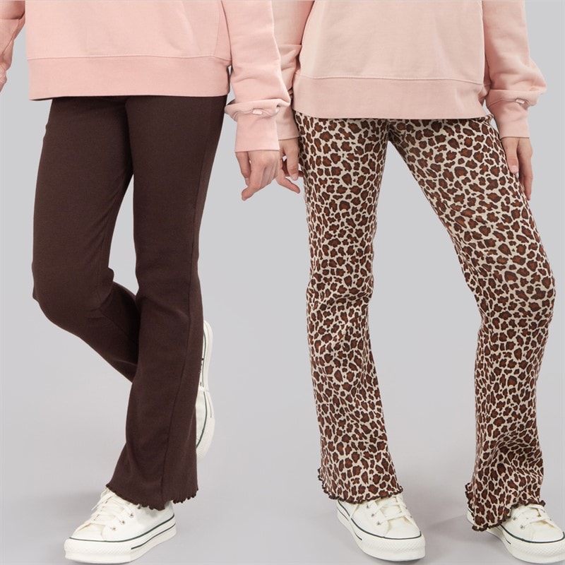 Board Angels Girls Two Pack Ribbed Flared Leggings Chocolate/Leopard