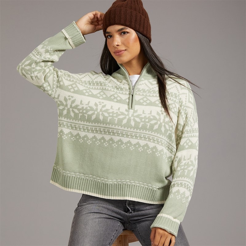 Board Angels Womens Half Zip Fairisle Sweater Pastel Sage/Ivory