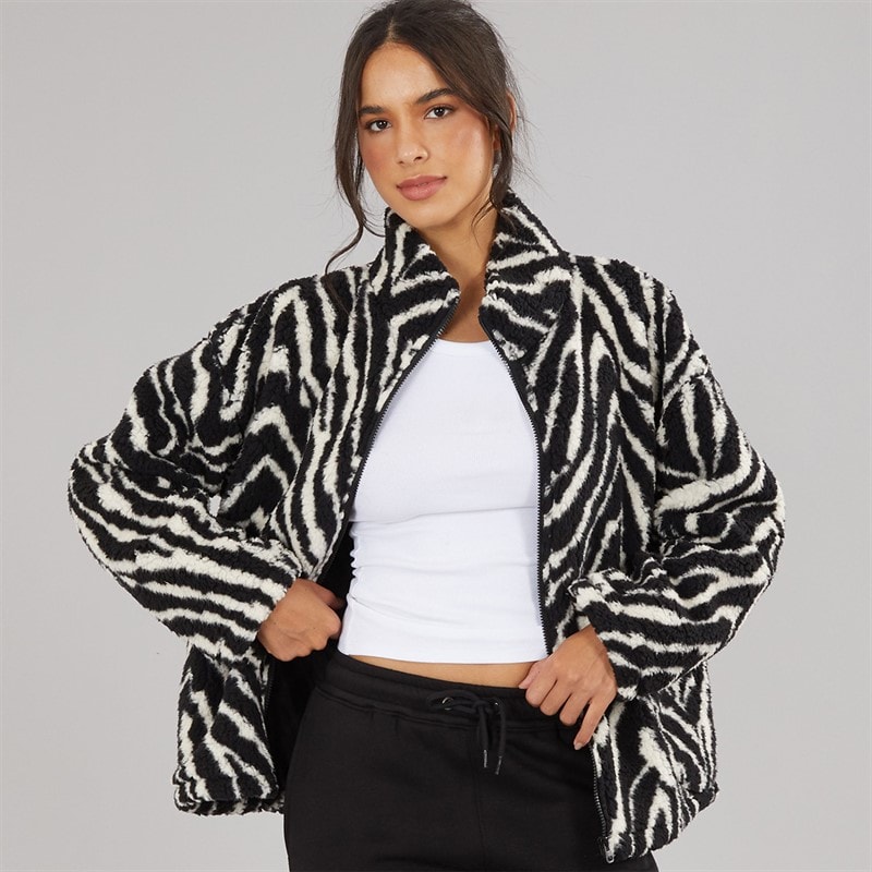 Board Angels Womens Animal Print Zip Through Borg Fleece Black/Ecru