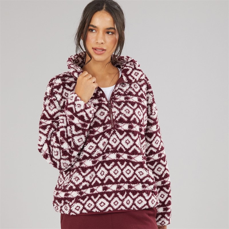 Board Angels Womens 1/4 Zip Borg Aztec Print Fleece Burgundy Multi