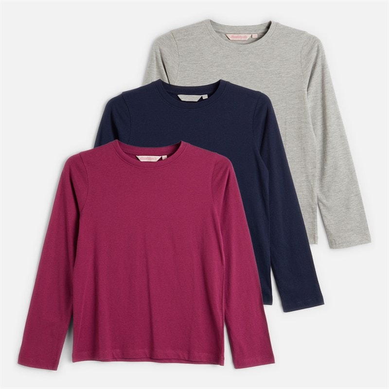 Board Angels Girls Three Pack Plain Long Sleeve T-Shirts Multi Navy/Burg/Grey