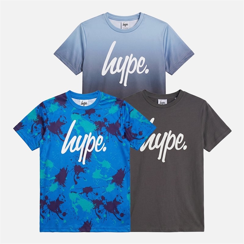 Hype Boys Conall Three Pack T-Shirts Ombre Blue/Sublimation Print/Charcoal