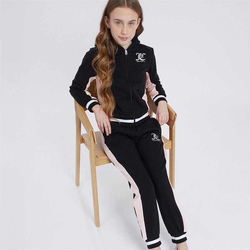 Juicy Couture Girls Cut And Sew Zip Through Hoodie And Cuffed Joggers Tracksuit Set Black