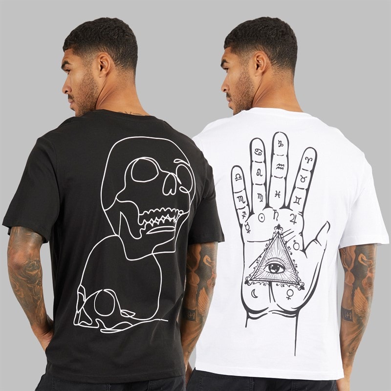 JACK & JONES Mens Relaxed Fit Back Print Two Pack T-Shirts Black/White