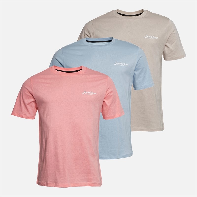 JACK & JONES Mens Beau Three Pack T-Shirts Quartz Pink/Cashmere Blue/Moonbeam