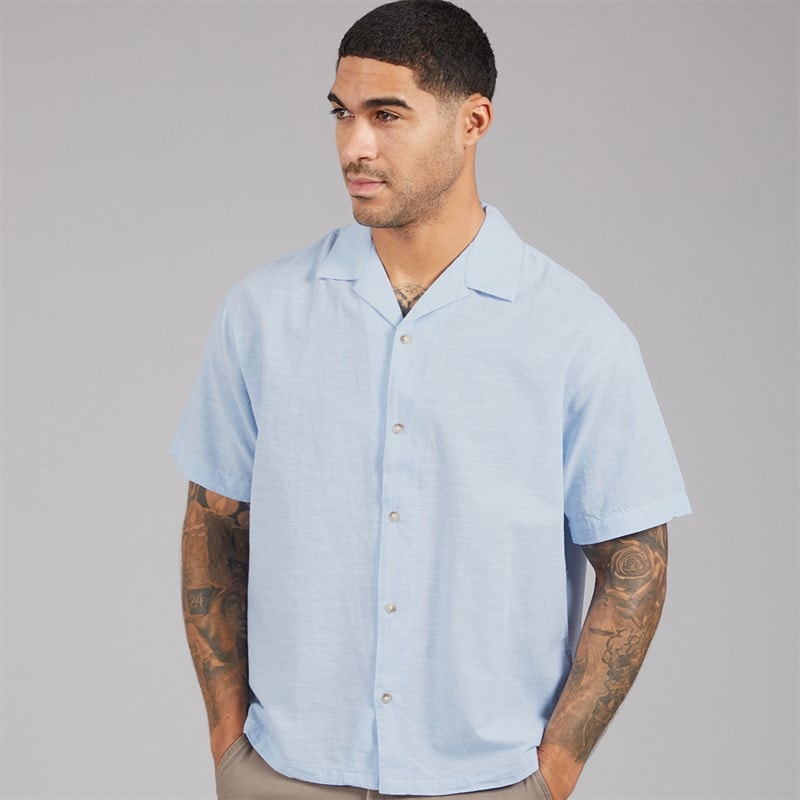 JACK & JONES Mens Summer Resort Short Sleeve Shirt Chambray Blue