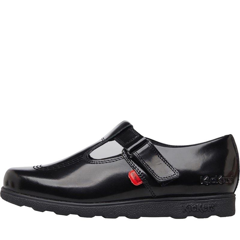 Kickers Girls Fragma T-Bar Patent Leather School Shoes Black