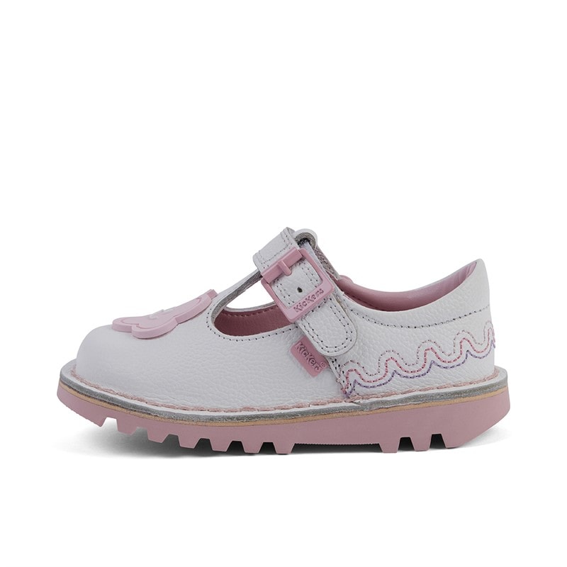 Kickers Infant Girls Kick T-Bar Wave Leather Shoes White