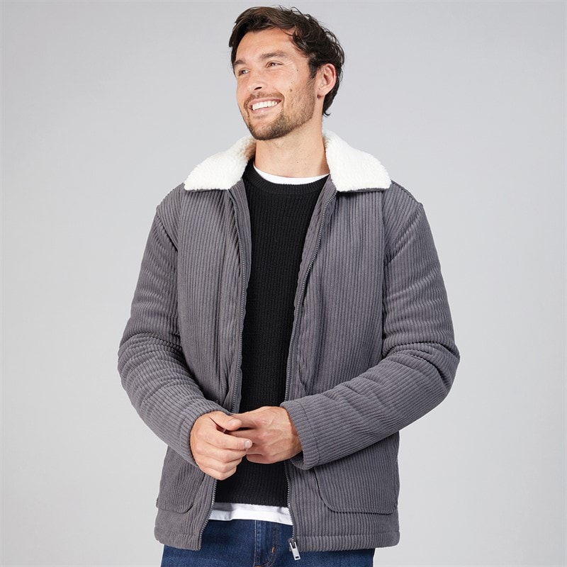 Kangaroo Poo Mens Cord Jacket With Borg Collar Dark Charcoal