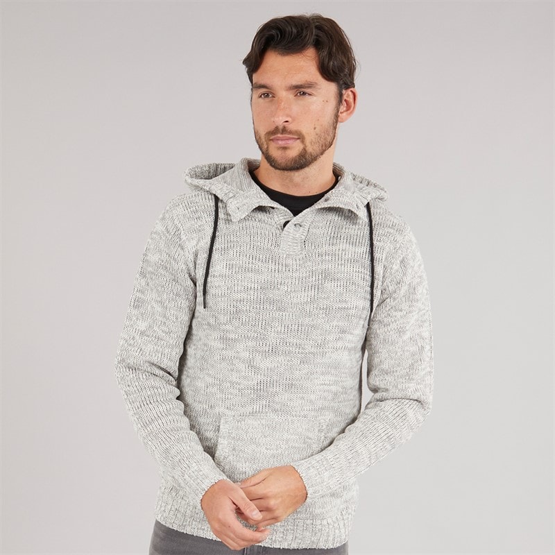 Kangaroo Poo Mens Hooded Button Neck Sweater Ecru Mix
