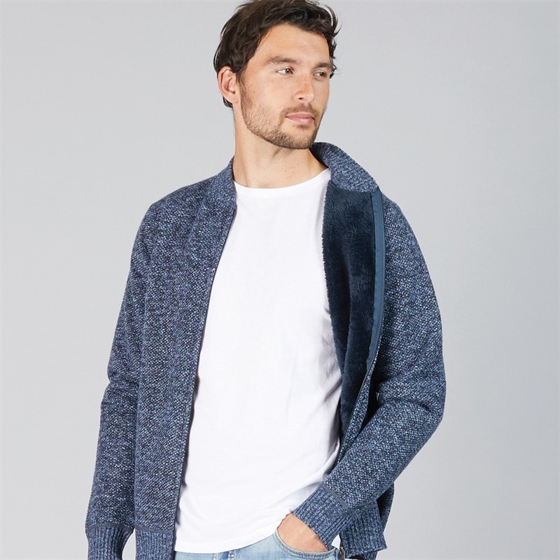 Kangaroo Poo Mens Sherpa Lined Zip-Through Sweater Blue Marl