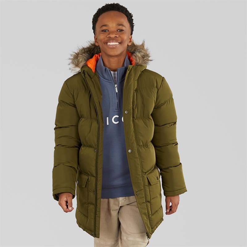 Kangaroo Poo Boys Faux Fur Trim Hood Puffer Jacket Khaki