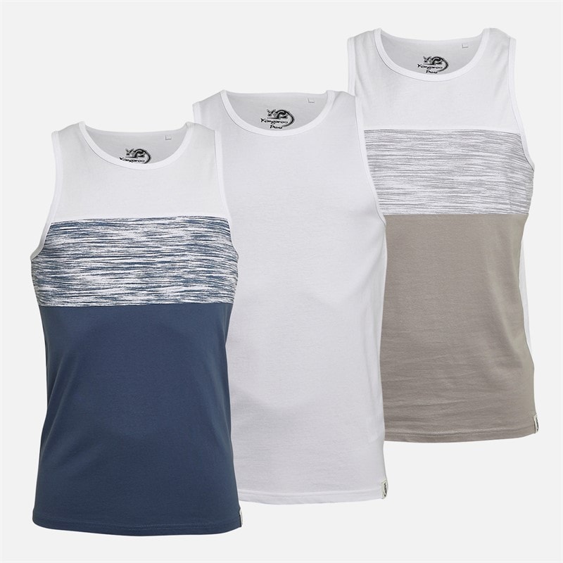 Kangaroo Poo Mens Three Pack Striped Vests Blue Stripe/Grey Stripe/White