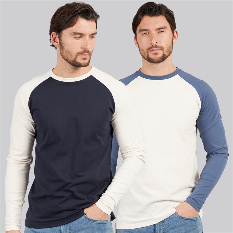 Kangaroo Poo Mens Two Pack Long Sleeve Raglan T-Shirts Ecru/Denim Blue/Navy/Ecru