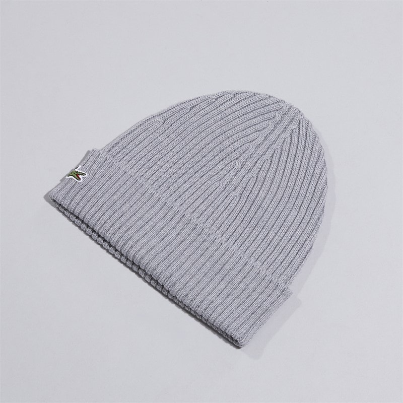 Lacoste Mens Rib Knit Brushed Wool Beanie Grey