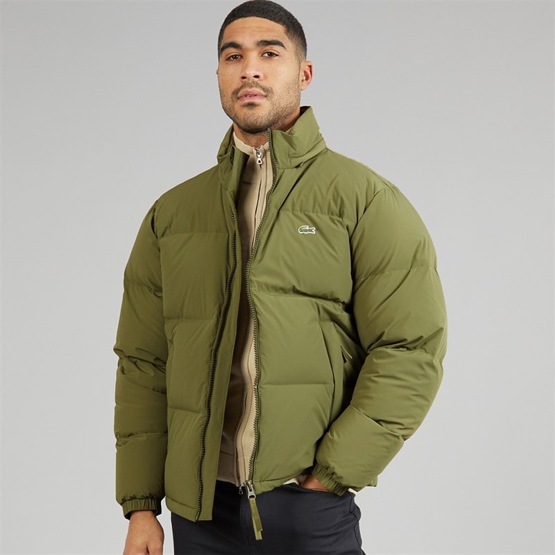 Lacoste Mens Water Repellent Hooded Down Coat Khaki Green