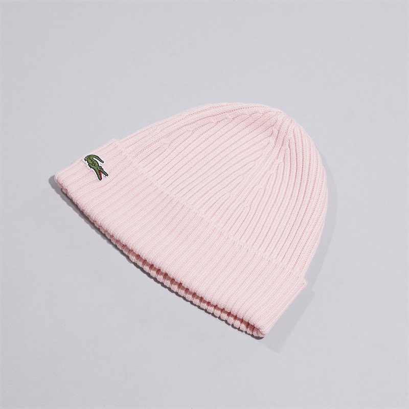 Lacoste Mens Rib Knit Brushed Wool Beanie Light Pink